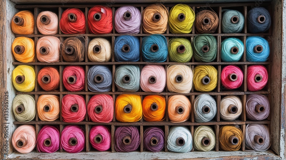 Fototapeta premium Colorful collection of thread spools organized in a wooden box, showcasing a vibrant spectrum of hues for sewing enthusiasts and hobbyists to enjoy