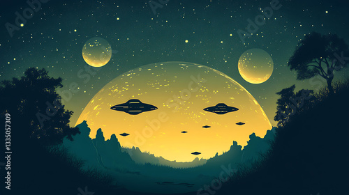 Futuristic landscape featuring flying saucers under a starry sky with two moons and silhouetted trees