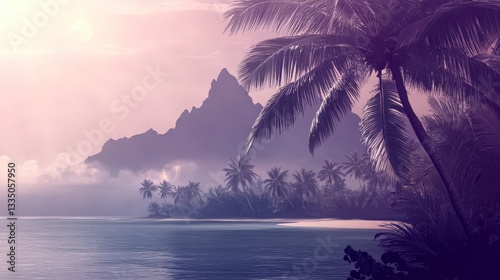 Serene Pastel Island Sunrise with Misty Mountains