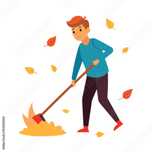 Raking Autumn Leaves Vector Illustration ? Cartoon, Clipart & Line Art Design.eps