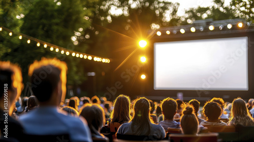 Outdoor movie screening with audience enjoying film under string lights