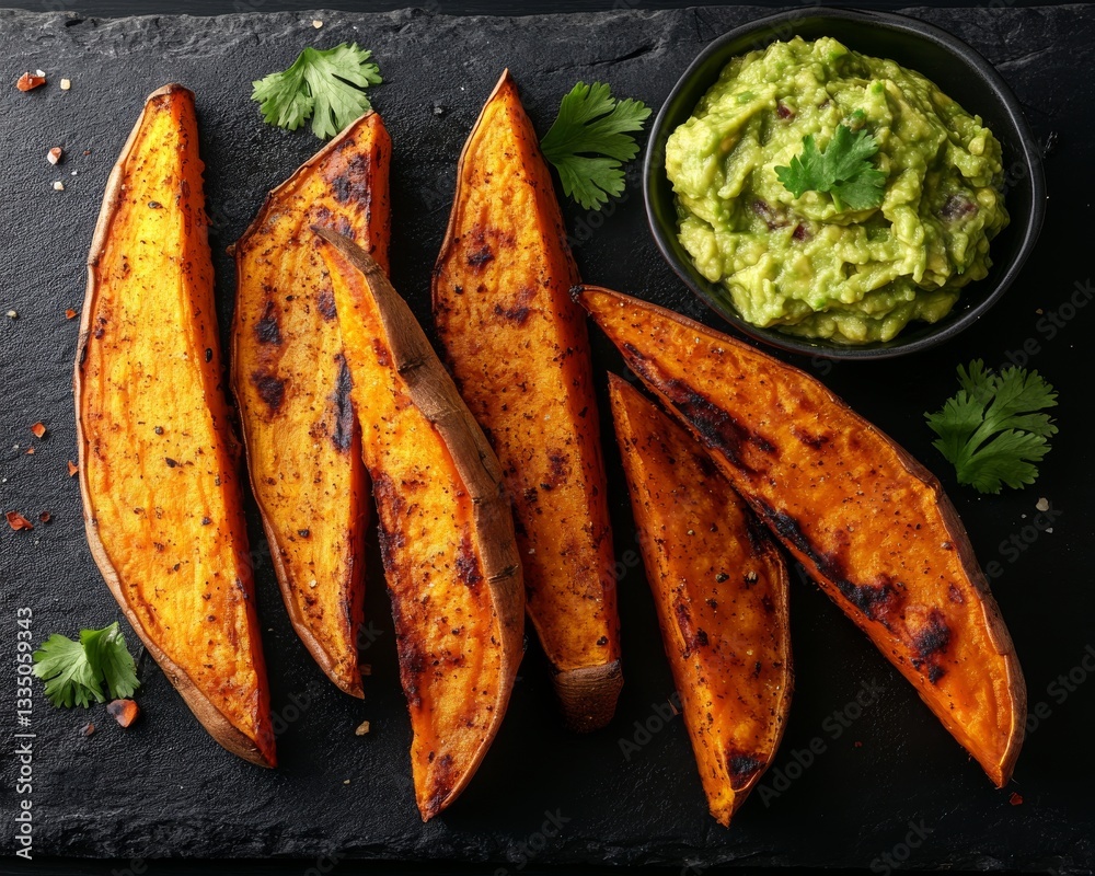 A brain-boosting snack of baked sweet potato slices with avocado dip offers a rich source of vitamins and healthy fats A brain-boosting snack of baked sweet potato slices with avocado dip offers a rich source of vitamins and healthy fats