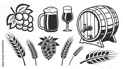 "Beer Brewing Elements - Barrel, Glass, Wheat, Grapes, and Bottle - Black and White Vector Illustration"
