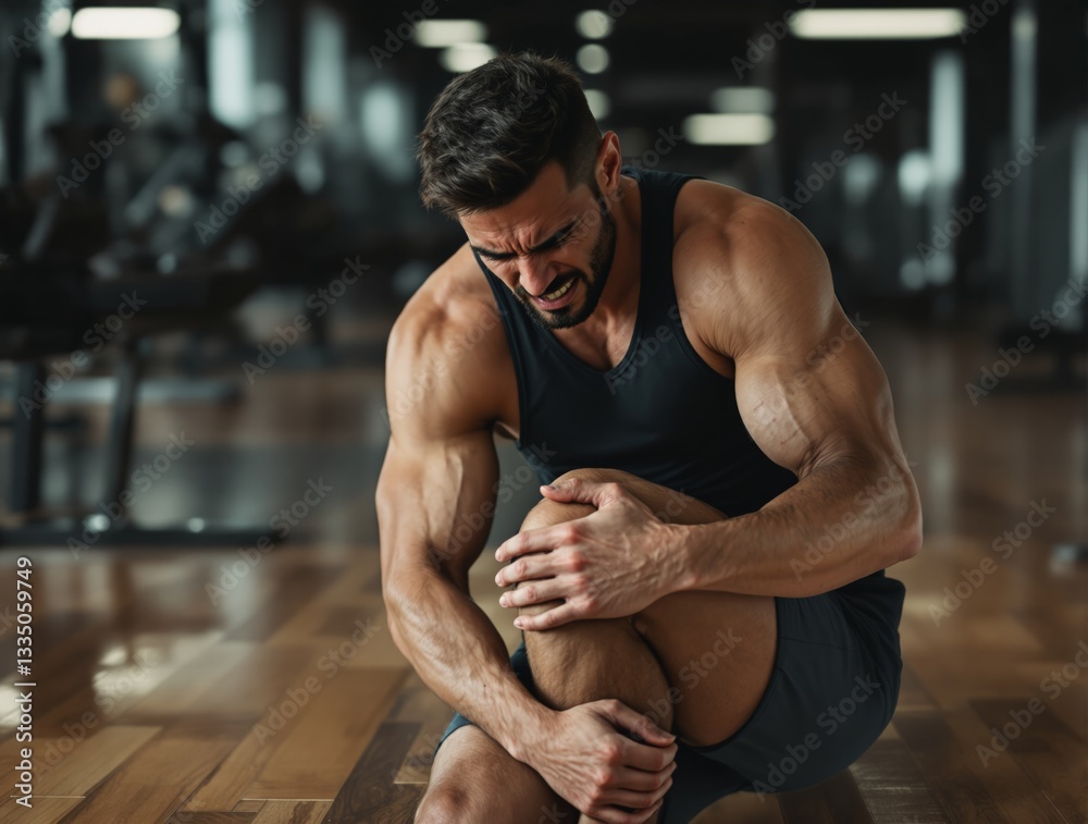Fototapeta premium Athletic man in gym holding his knee in pain, sitting on wooden floor. Blurred gym equipment in background. Concept of sports injury and fitness strain. Ai generative