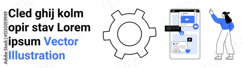 Person pointing at smartphone screen displaying social media interface. Large gear icon nearby symbolizes settings or system. Ideal for technology, social media, innovation, user experience, app