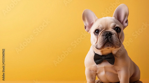 Cute French bulldog wearing tiny bow tie, sitting against yellow background, exuding charm and playfulness