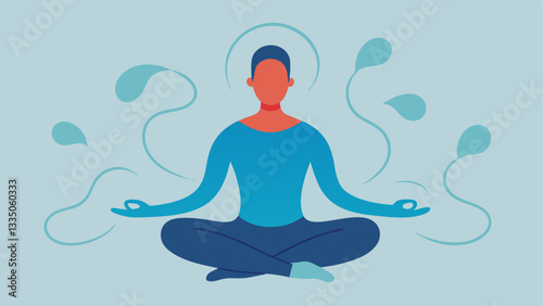 Mindful Breathing A figure sitting crosslegged with closed eyes and hands on knees surrounded by flowing lines that represent calm breath emphasizing relaxation as a strategy.