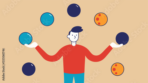 Overwhelmed Juggler An illustration of a juggler attempting to keep multiple balls in the air each ball representing a different stressor work family health etc. looking visibly