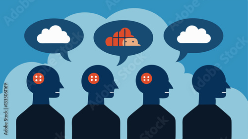 Mental Health Effects Silhouettes of inmates with thought bubbles feelings of anxiety stress and hopelessness emphasizing the mental health impacts of overcrowding.