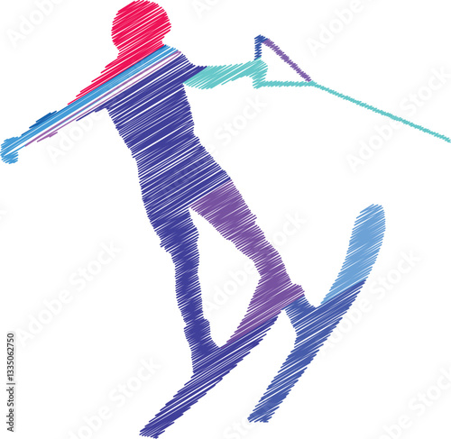 Water Skier in Action. Scribble Illustration