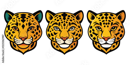 Three Cartoon Jaguar Heads Vector Illustration: Cute Feline Animal Faces with Spots, Graphic Design for Mascot, Logo, or Print