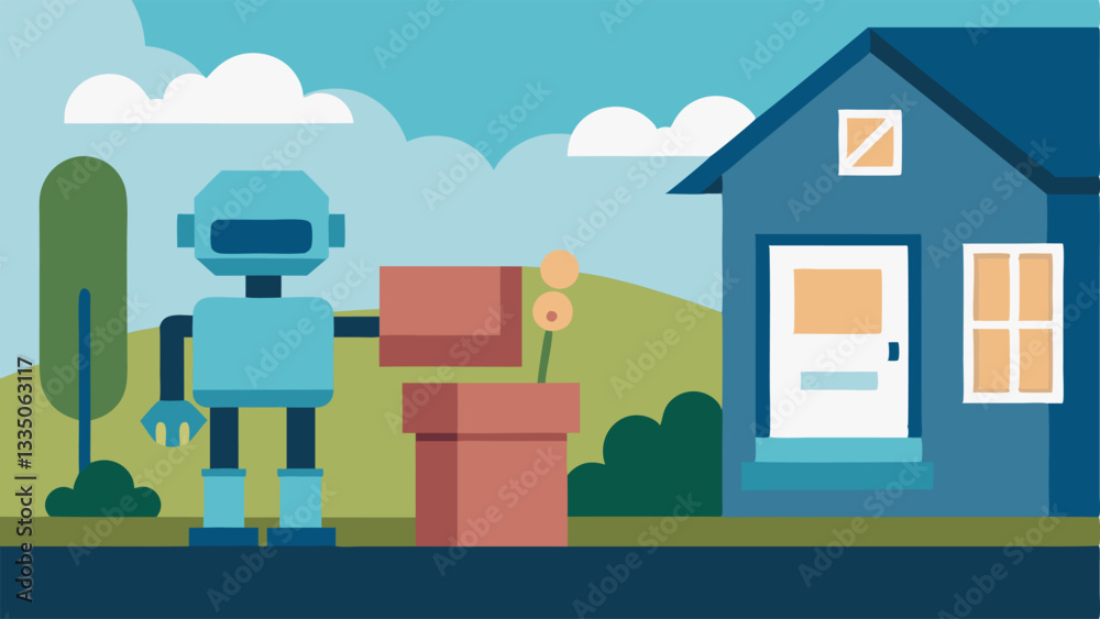 Residential Street A robot is positioned on a quaint residential street delivering a package to a front porch with flowers and a mailbox nearby. Residential Street A robot is positioned on a quaint residential street delivering a package to a front porch with flowers and a mailbox nearby.