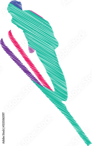 Ski Jumper Silhouette, Scribble Style Illustration