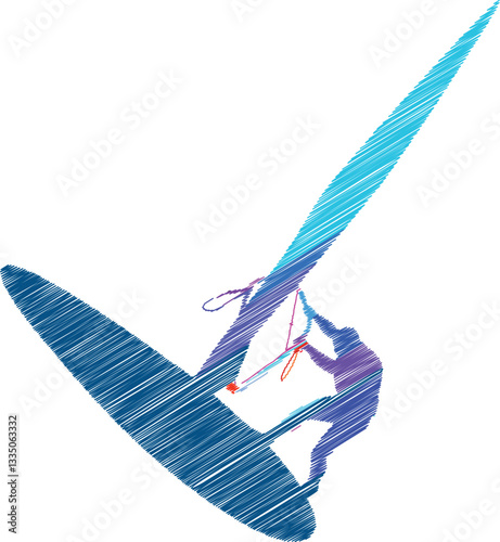 Windsurfing Silhouette Scribble, Art Dynamic Water Sport Illustration