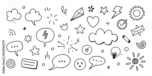 Hand-Drawn Doodle Set: Clouds, Speech Bubbles, Stars, Hearts, Sun, & More - Black & White Vector Illustration for Creative Design Projects