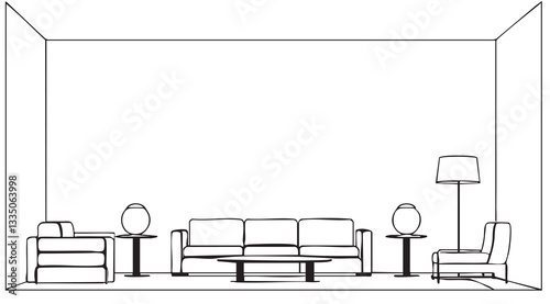 Living room graphic black white home interior sketch illustration vector