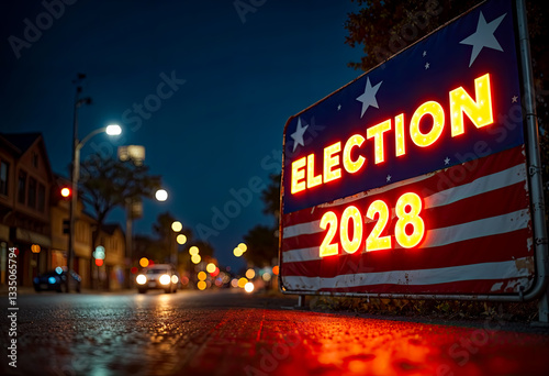 Illuminated Election 2028 sign with American flag design on street corner at twilight