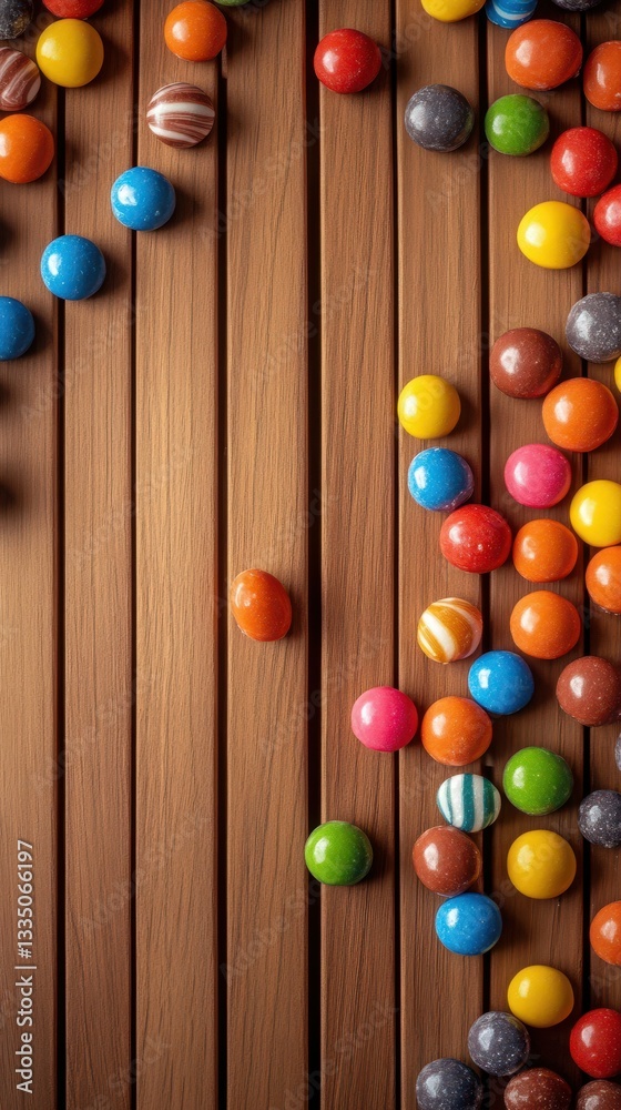 Colorful candies scattered on wooden surface create a vibrant treat for the eyes Colorful candies scattered on wooden surface create a vibrant treat for the eyes