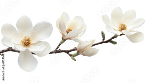 Delicate white magnolia blossoms on a branch.  Soft, elegant petals