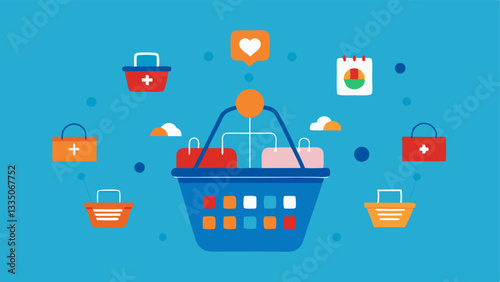Shopping Basket Analysis An array of shopping baskets filled with products with small icons of AI analyzing the combinations of items purchased together.
