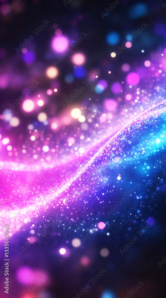 A colorful abstract composition with iridescent fluid waves in shades of purple, blue, and pink, smooth light reflections evoking a glowing, dynamic, and ethereal aesthetic