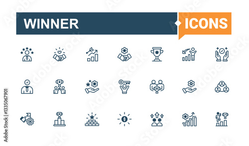 Set of Winner line icon. Featuring achievement, growth, win, grow, award, trophy and more. Success icon set. Vector outline and solid icons collection. Vector illustration. Pixel perfect.