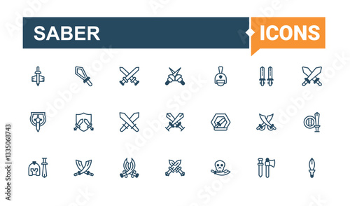 Sabre modern icon set. Includes thin line dagger, knife, blade, war, sharp. Sword line icon set. Perfect for logos and infographic. Solid line editable stroke. Vector collection.