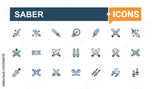 Sabre modern icon set. Includes thin line dagger, knife, blade, war, sharp. Sword line icon set. Perfect for logos and infographic. Solid line editable stroke. Vector collection.