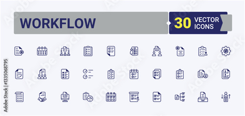 Workflow vector line icon set. Contains outline symbols like work, list, manage and more. Task icon collection. Icons for UI design. Editable stroke vector art.
