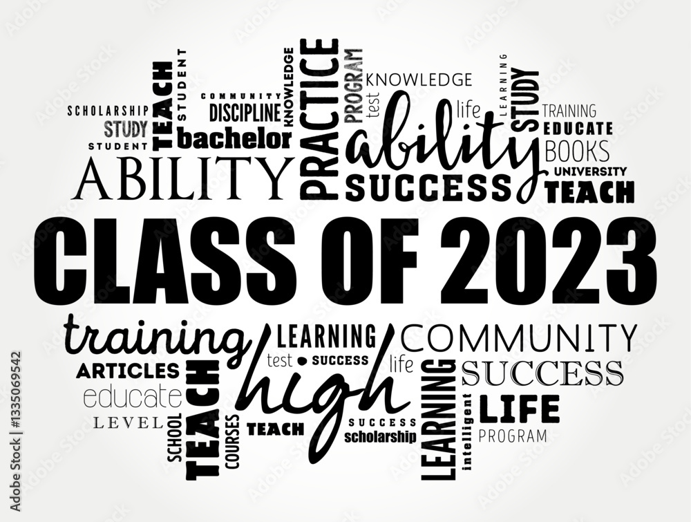 Fototapeta premium Class of 2023 - the group of students who graduated from high school or college in the year 2023, word cloud concept background