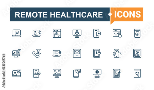 Set of Remote Healthcare line icon. Pack of medicine, consultation, virtual, phone, care and more. Telemedicine line icon. Minimalist icons collection. Vector illustration in modern line style.