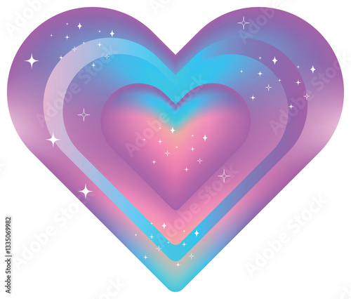 A Y2K-inspired heart sticker with a cosmic, galactic glow, complete with sparkling stars. Showcasing a dreamy pastel aesthetic with a soft gradient of pink, purple and blue.