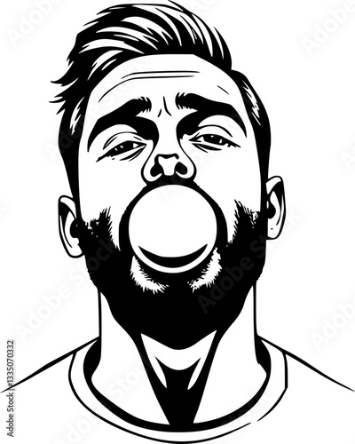 Monochrome illustration of a man blowing a bubble with chewing gum isolated on white background