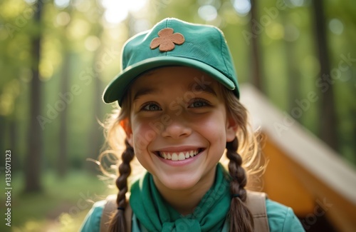 Close-up portrait of smiling girl scout in green cap. Happy child with braids, uniform, backpack outdoor at summer camp. Young kids discover nature, enjoy survival activities, learn scout skills.