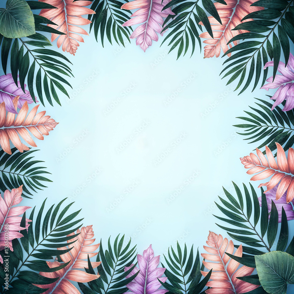 AI generated images of a frame of colorfull palmleaves. AI generated images of a frame of colorfull palmleaves.