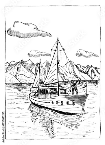 A detailed ink sketch depicting a small sailboat navigating a serene mountain lake.