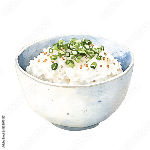 Preparing delicious rice bowl with sesame and green onions kitchen food photography cozy atmosphere overhead view culinary art