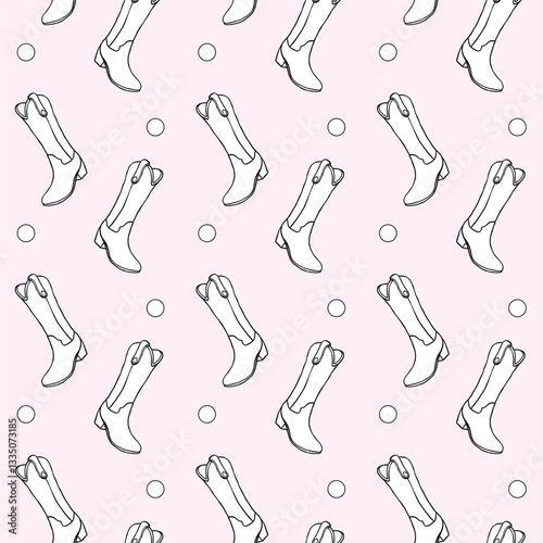 A seamless pattern featuring hand-drawn cowboy boots with intricate details, set against a soft pink background with scattered dots. Ideal for western-inspired textiles and fashion prints