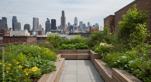 Urban Rooftop Garden with Lush Vegetation and City Skyline View