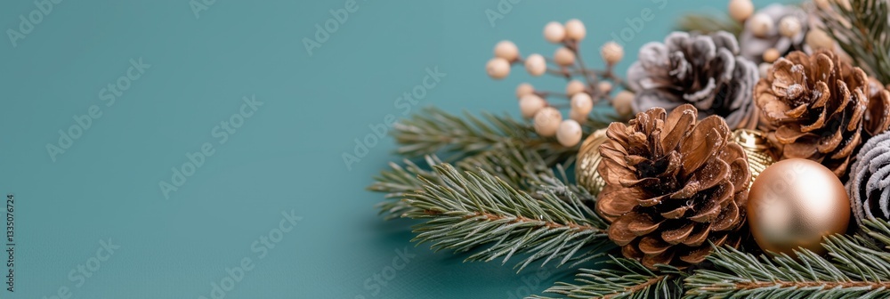 Fototapeta premium Christmas composition of pine cones, ornaments and fir tree branch on teal blue background. Winter holidays. Concept for banner, greeting cards, template with copy space