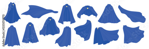Blue Superhero Capes Icon Set. Cartoon Hero Capes, Flying Capes For Comics, Animations, Costume Designs. Dynamic Blue Comic Capes In Different Shapes For Superhero, Fantasy Hero Concept