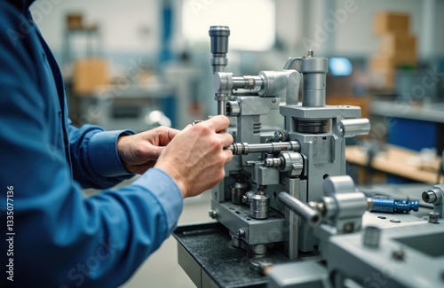 Close-up of industrial device repair, diagnostics in workshop. Instrument calibration specialist adjusts equipment at workplace. Engineer in blue uniform tuning machine, assembling mechanism. Perfect