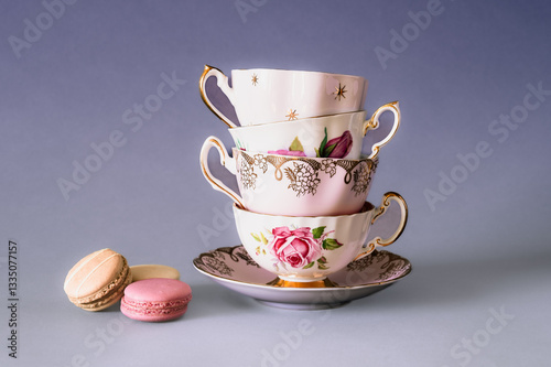 four vintage cups and macaroons