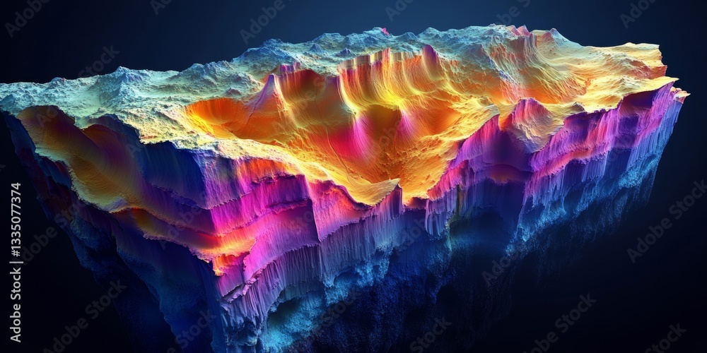 Fototapeta premium Vibrant digital terrain landscape imaginary location 3d artwork abstract environment aerial view conceptual art