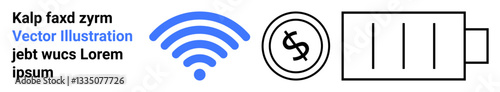 Blue wireless signal icon, dollar coin symbol, and battery charge level bar. Ideal for tech, connectivity, finance, mobile devices, energy communication innovation. Abstract line flat metaphor