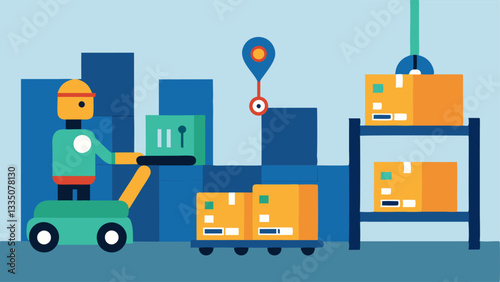 Robotic Pallets An illustration of autonomous robots transporting pallets filled with goods throughout a warehouse utilizing a smart navigation system.