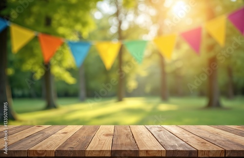 Wooden table on blurred green background. Summer party with colorful flags in park. Empty wood countertop, picnic mock-up, rustic design. Spring, summer holiday celebration concept.