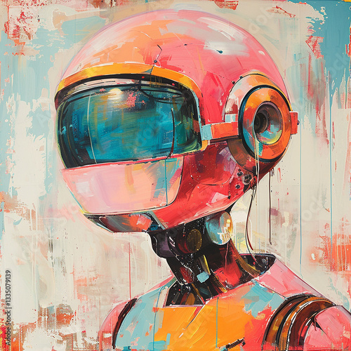 Retro futuristic painting of a robot with a human like face painted in a vintage 80s style Use bold colors like neon pink teal and orange