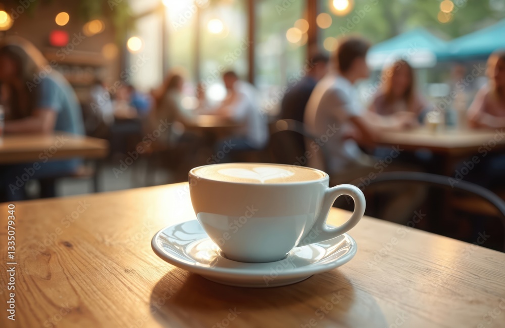Cup of cappuccino with heart latte art on wooden table at cozy coffee shop. Blurred background with people at tables. Social meeting, leisure lifestyle with cappuccino. Cup of cappuccino with heart latte art on wooden table at cozy coffee shop. Blurred background with people at tables. Social meeting, leisure lifestyle with cappuccino.