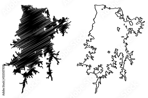 Lake Brokopondo Reservoir (South America, Republic of Suriname) map vector illustration, scribble sketch Professor Doctor Ingenieur W. J. van Blommestein Meer or Brokopondostuwmeer Dam map photo